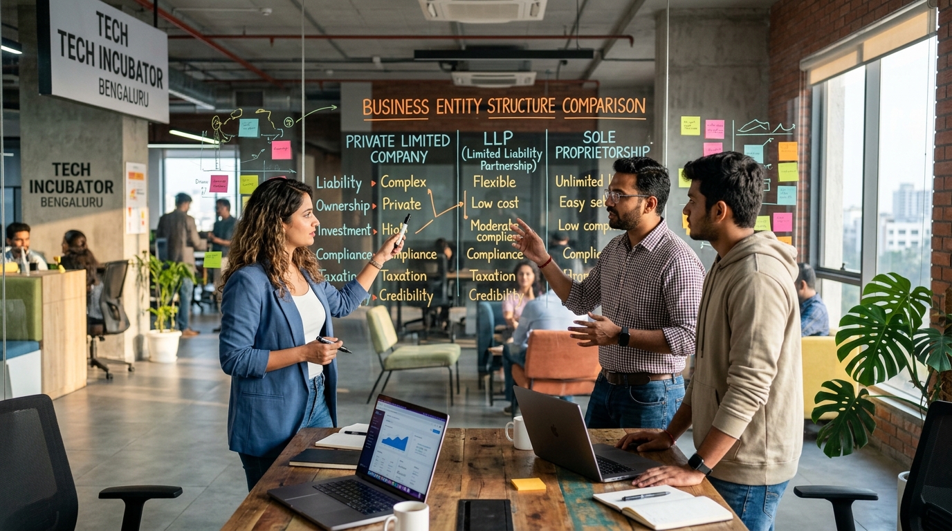 Startup founders comparing Private Limited vs LLP business entity structures on glass board