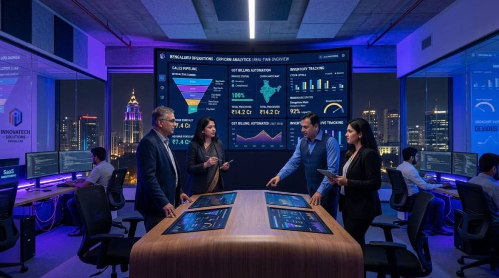 Tech leaders analyzing custom enterprise ERP and CRM analytics dashboard in Bengaluru