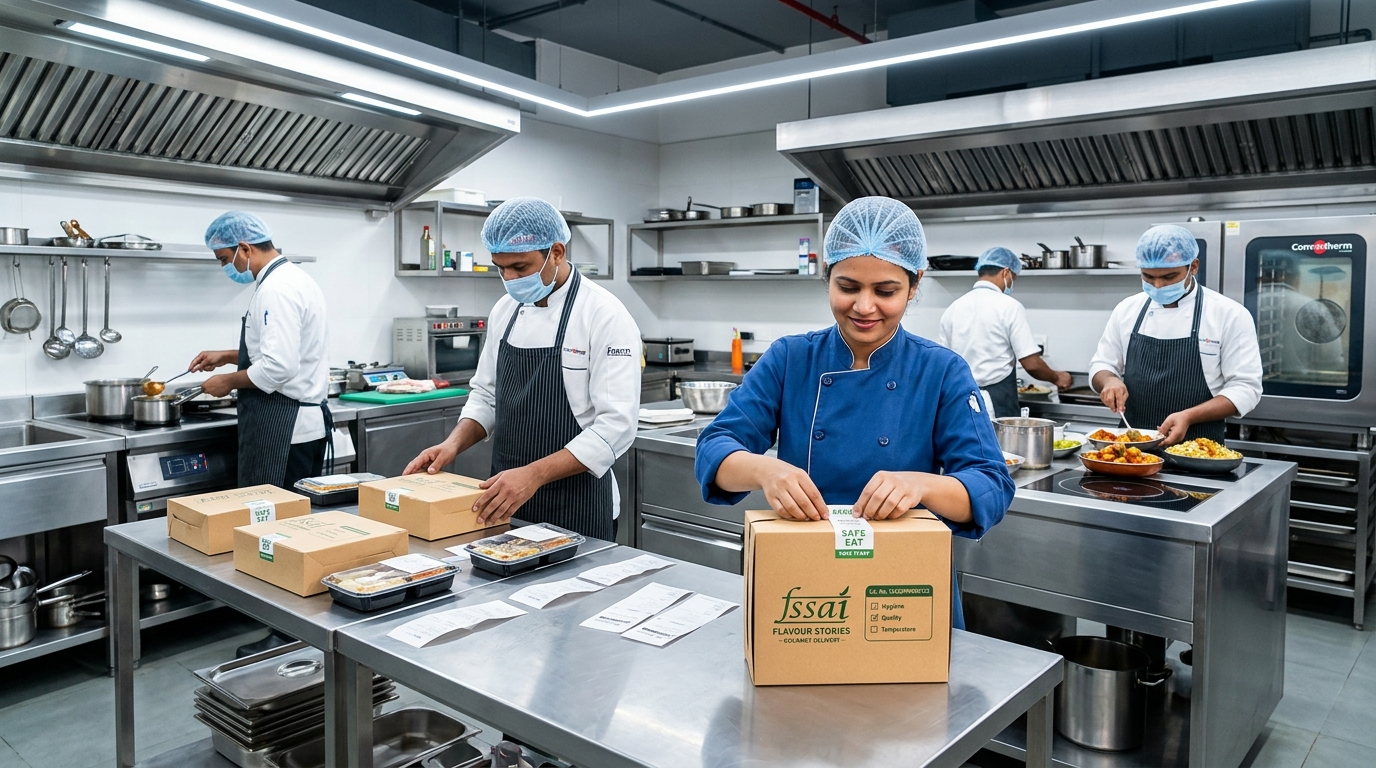 Commercial cloud kitchen team packaging food orders with green FSSAI license safety badge