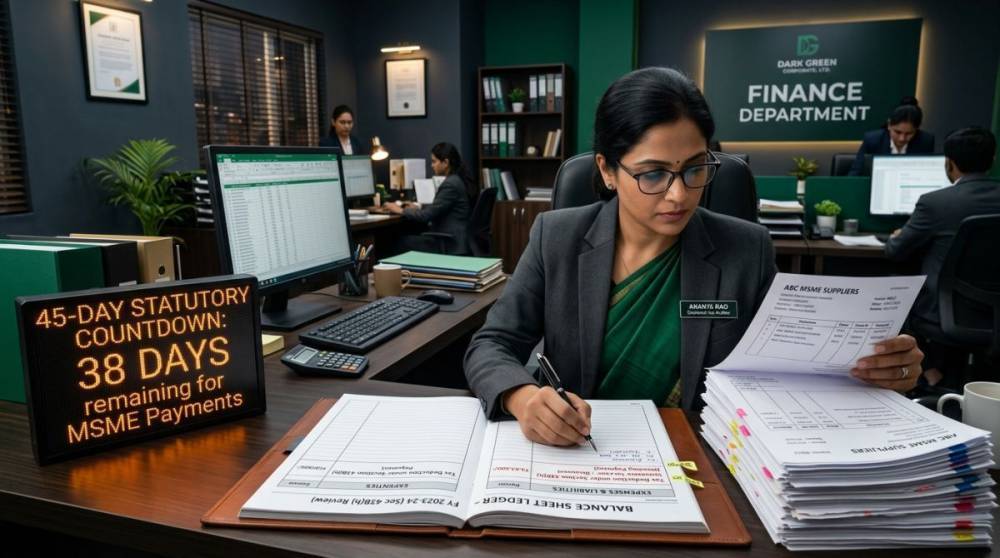 Corporate tax auditor reviewing MSME supplier purchase invoices with 45-day statutory clock