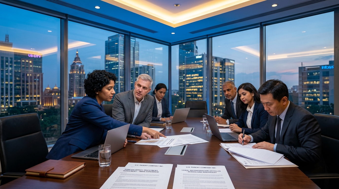 Corporate executives signing Indian subsidiary incorporation papers in Bangalore boardroom